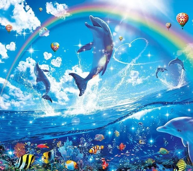 dolphins and a rainbow